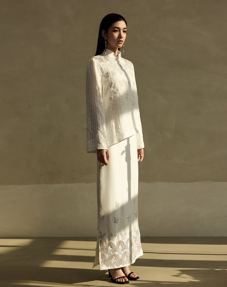 HECO Butterfly Embroidery black white High-waisted Straight Skirt Women - CODE.