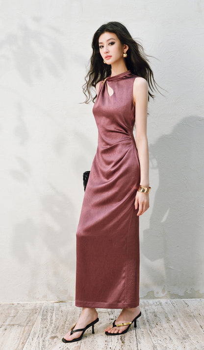 WANGXO |Water Drop Cutout, Custom Pin & Pinch-Pleated Sleeveless Dress- SENA