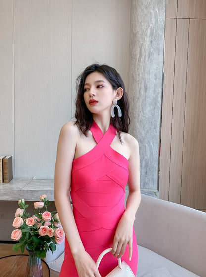 DOLLY Luxury Pink Sleeveless Halter Neck Body Hug Midi Dinner Date Dress-KRASS