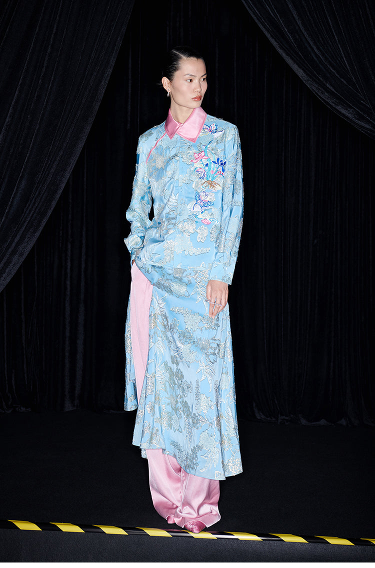 M essential Mackay designer blue pink embroidered contrast lapel shirt pant dress set - halle.