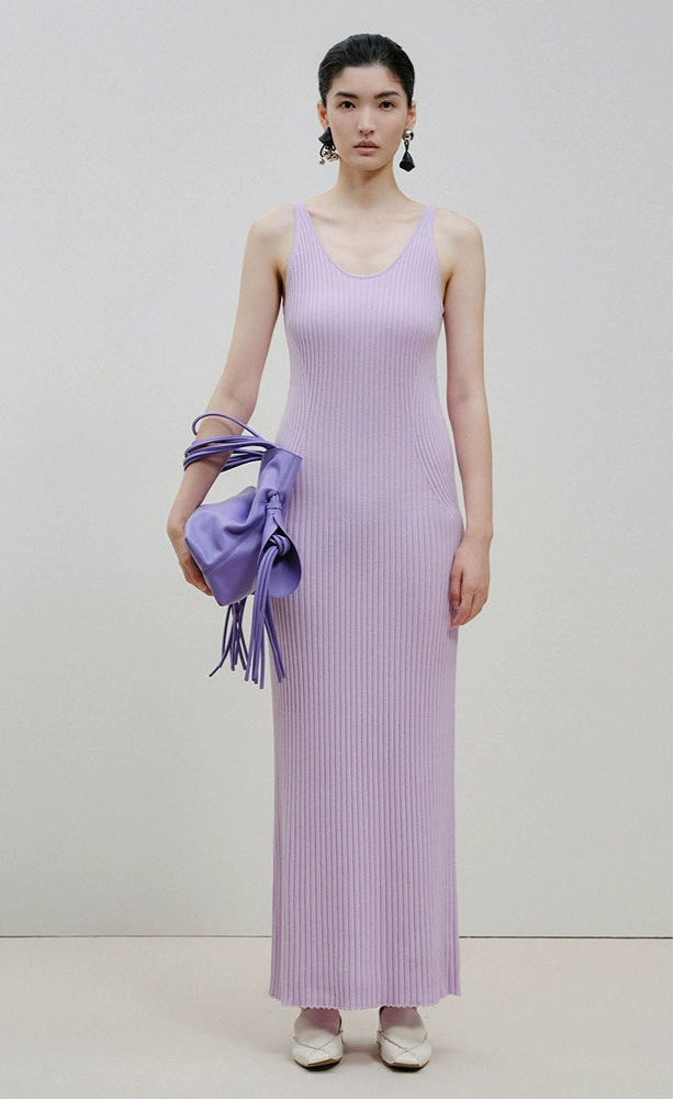 ZHUCHONGYUN Purple Ribbed Sleeveless Straight Sheep Wool Knit Maxi Dress-IVIS.
