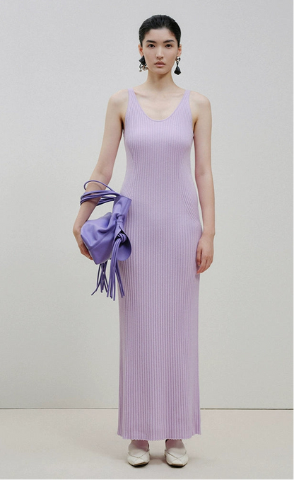 ZHUCHONGYUN Purple Ribbed Sleeveless Straight Sheep Wool Knit Maxi Dress-IVIS.