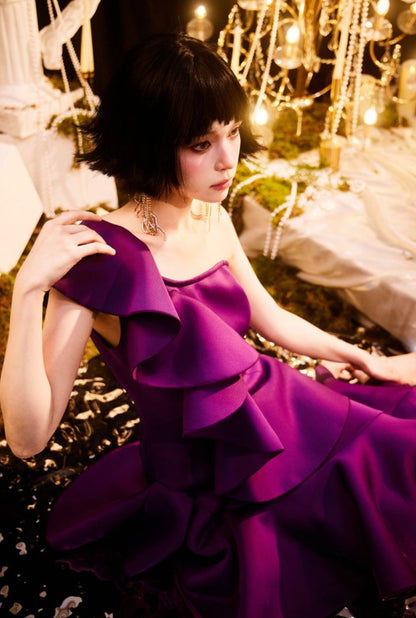 DOLLY Elegant Retro Style Deep Purple Ruffled Off Shoulder Midi Dress-PINKY