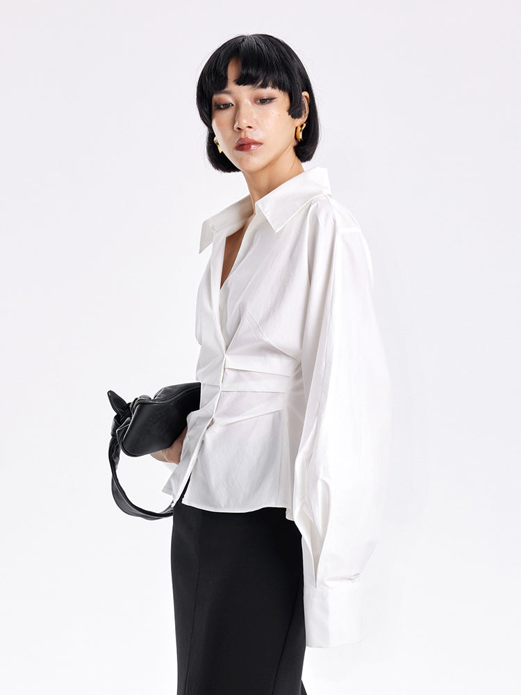 TINY IN stand-up collar casual pinch-pleated curved sleeve cinched waist shirt-KIA