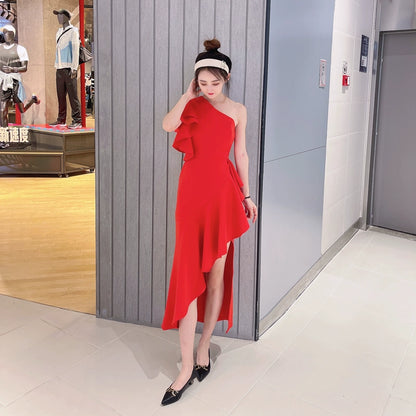 DOLLY Elegant Slant Collar Ruffle Sleeve Slim Fit Midi Irregular Skirt Party Dress-GANGA