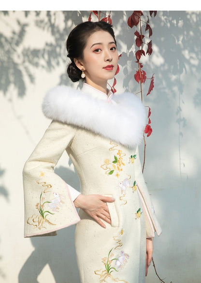 MagicQ fox fur collar bunny orchid osmanthus flower embroidered squint flared sleeve tweed coat