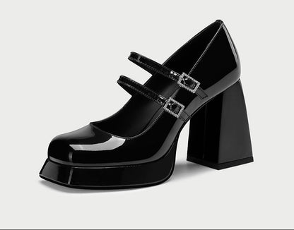 pjjuu retro platform square toe chunky block heel double strap Mary Janes  - MELT