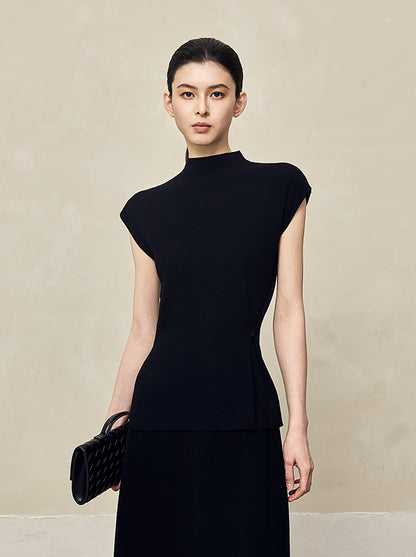 HECO Waist Side Buckle Stand Collar Knitted Short Sleeve Top- BLOOD.