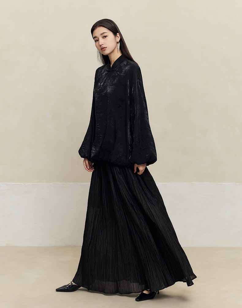 HECO striped texture swing high waist black green women's long skirt - muse.