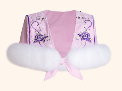 MagicQ pink purple rose embroidered fox fur embellished shawl fishtail goose down jacket