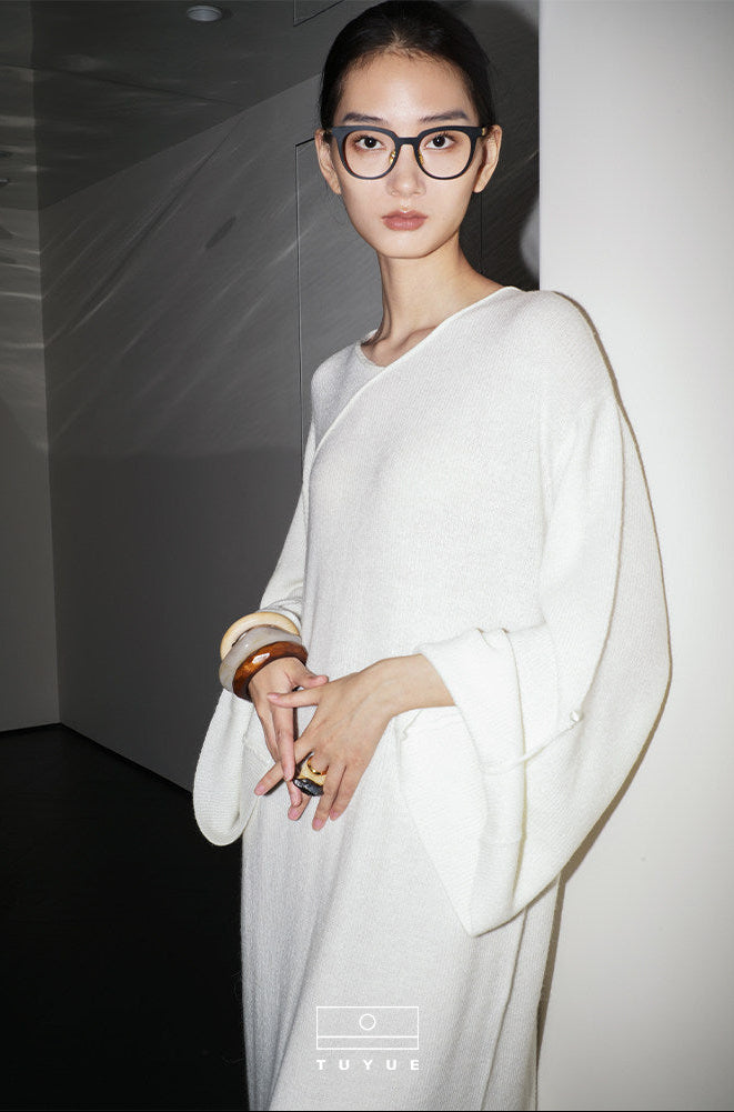TUYUE Wool Crew Neck Slanted Placket Long Sleeve Knitted Dress - MARIA.