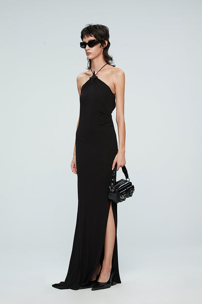 ANNAKIKI suspender fishtail slit dress halterneck dress-REI