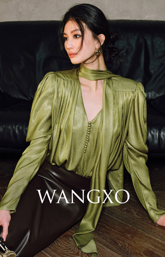 WANGXO | Satin Luster with Sequin-Embellished Silk Sleeve V-Neck Streamer Shirt - NIA.
