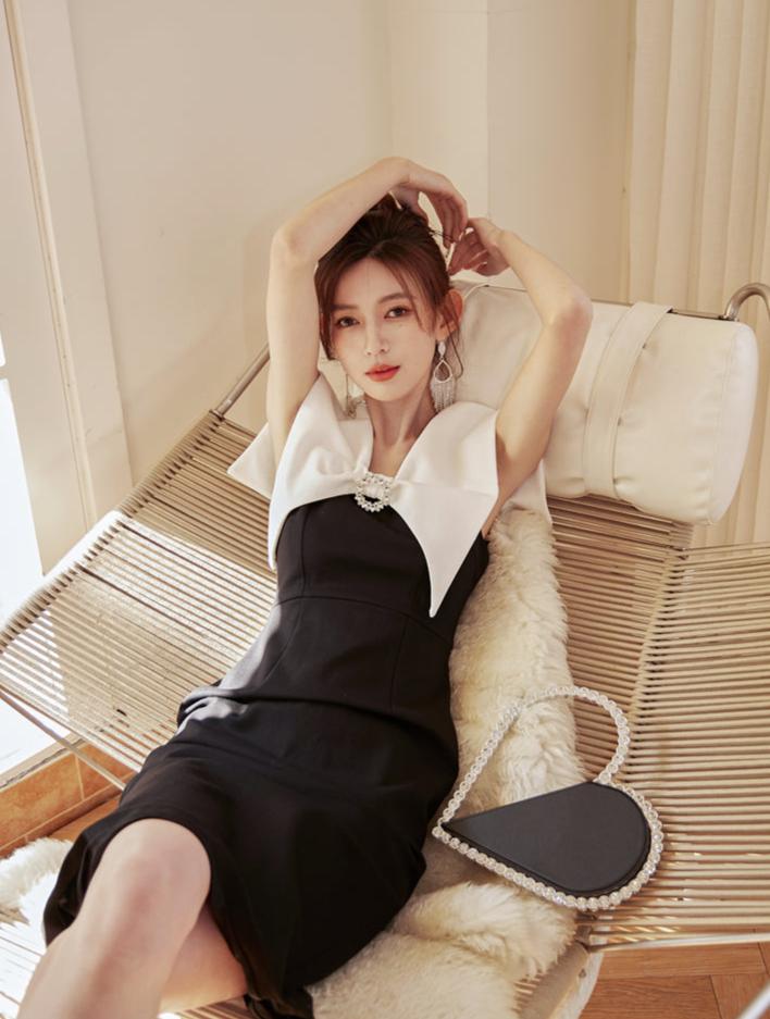 DOLLY Luxury Black Retro French Style Color Contrast Sleeveless Slim Fit Short Dress-ORLA