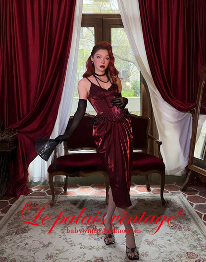 Le Palais Vintage  Red Fishbone Corset High Waisted Flower Bud Pencil Skirt-ALEC