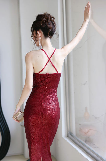 DOLLY Elegant Burgundy Red Halter Neck Slim Fit Sequin Long Cocktail Dress-KIKI (V)