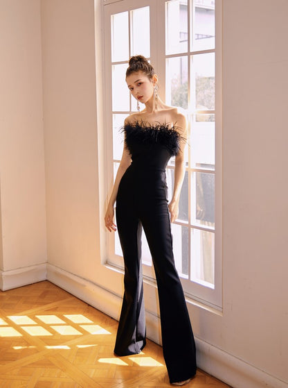 DOLLY High End Black Sleeveless Feather Tube Top Long Flared Pant Jumpsuit-PALMER