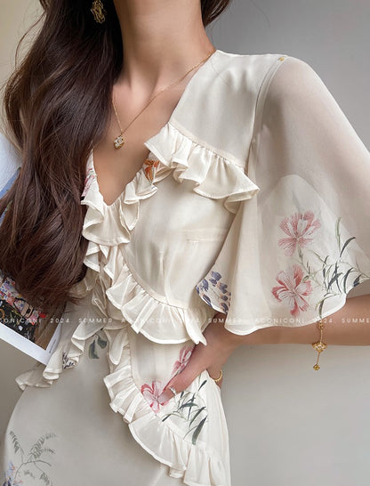 Aconiconi Luxury French Floral Print Slim Fit Hip Hug Dinner Dress- Primrose Whisper