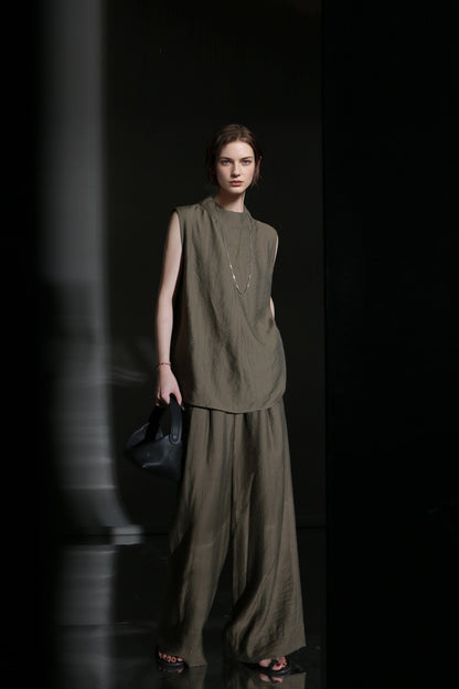 PIAOIN texture linen silk stand up collar sleeveless t-shirt - MADEI