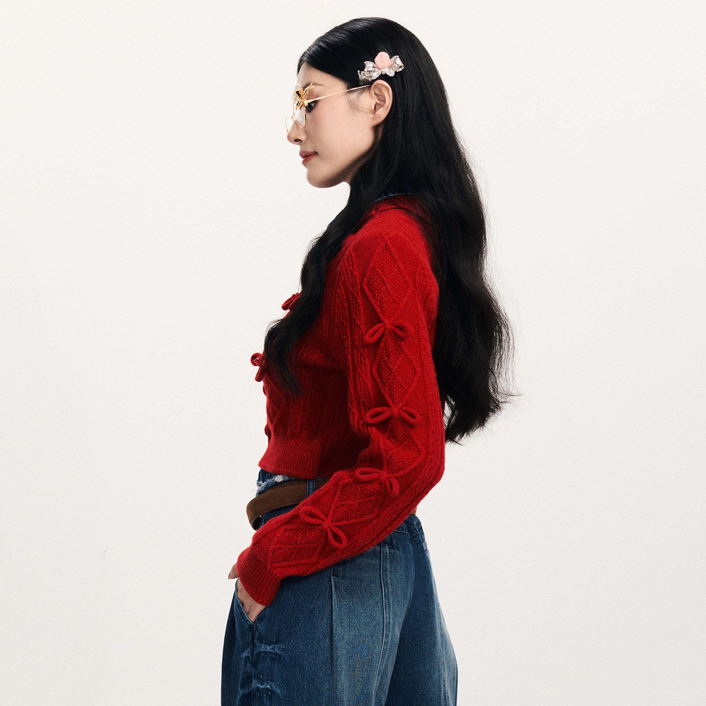 FAME red denim patchwork knitted sweater jacket - ANDREW.