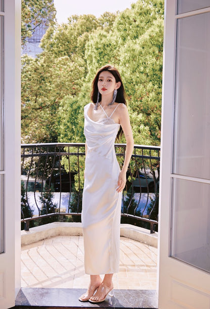 DOLLY Elegant Blue French Style Satin Sleeveless Pleated Hip Long Slit Dinner Dress-AVA