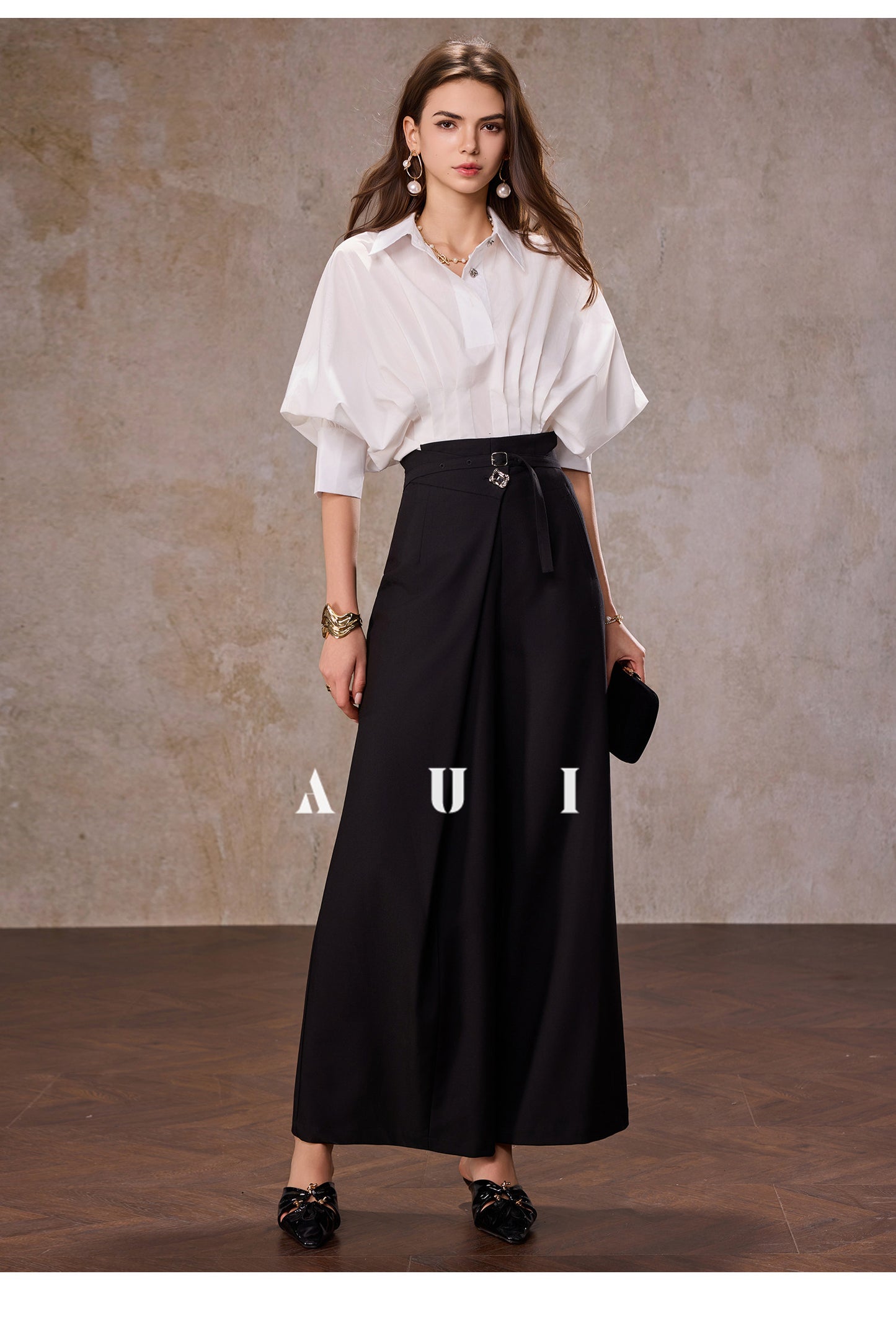 AUI design sense irregular polo collar blue shirt long sleeve top - RESORT.