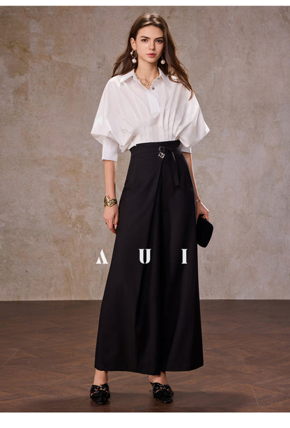 AUI design sense irregular polo collar blue shirt long sleeve top - RESORT.