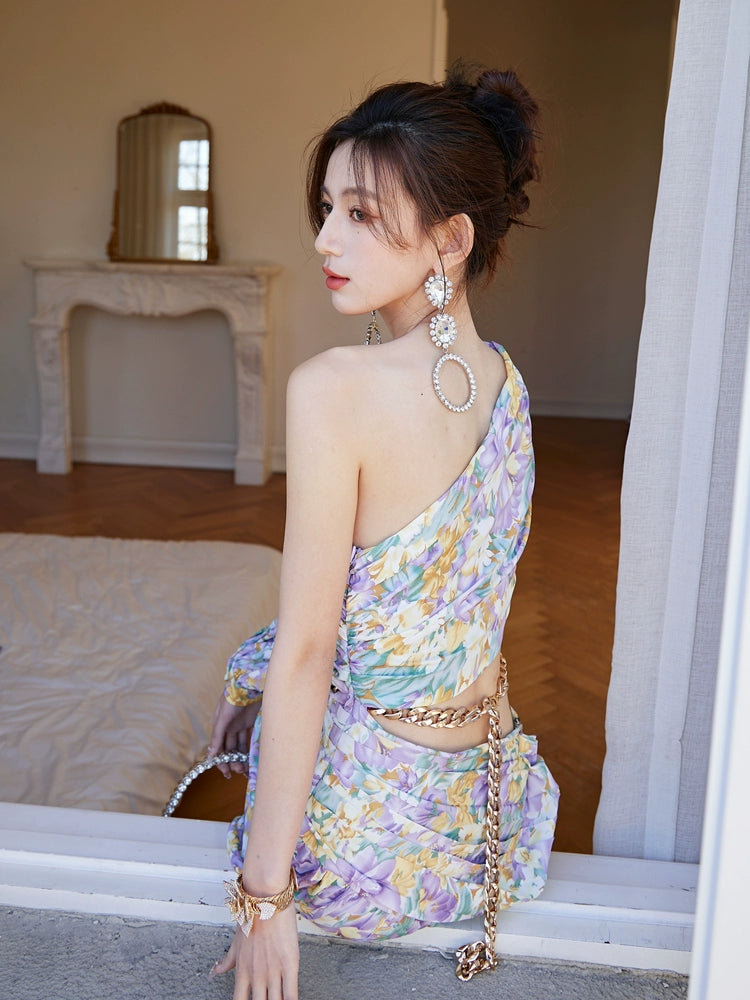 DOLLY Luxury French Style Floral One Sleeve Off Shoulder Waist Baring Slit Resort Dress-LYRA