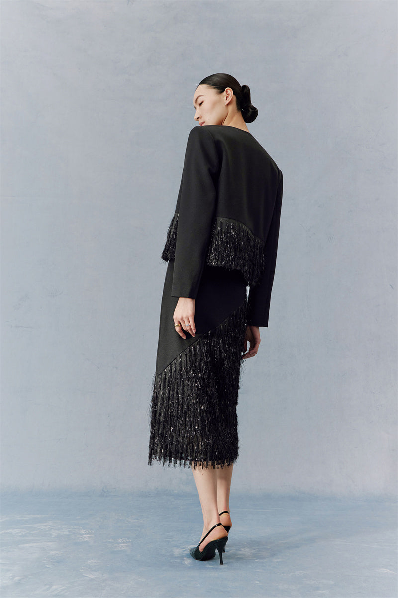 PURITY High-end chic black and silver fringed skirt