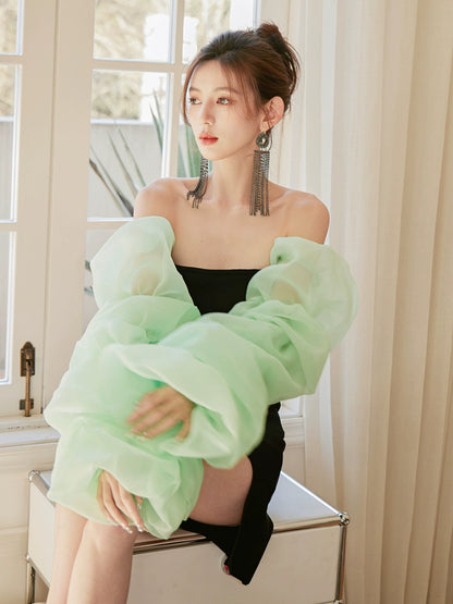 DOLLY Elegant Black Chest Wrap Long Puff Sleeve Slim Fit Short Slit Party Dress-KABRINA