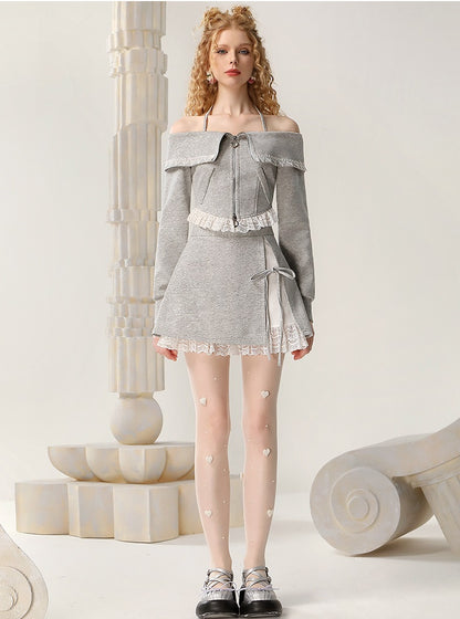 CHECOCRE Stubble Pure Desire Off-Shoulder Sweatshirt Two-Piece mini skirt Set - WENDEL