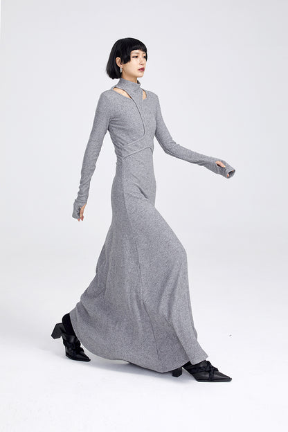TINYIN slim swing maxi knit dress with cut-out stitching -KOKO