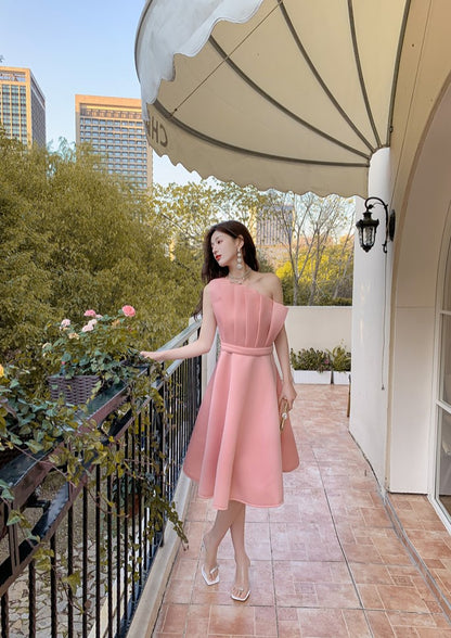 DOLLY Elegant Off Shoulder Pleated Ruffle Tube Top High Wait Midi Dress-LLA