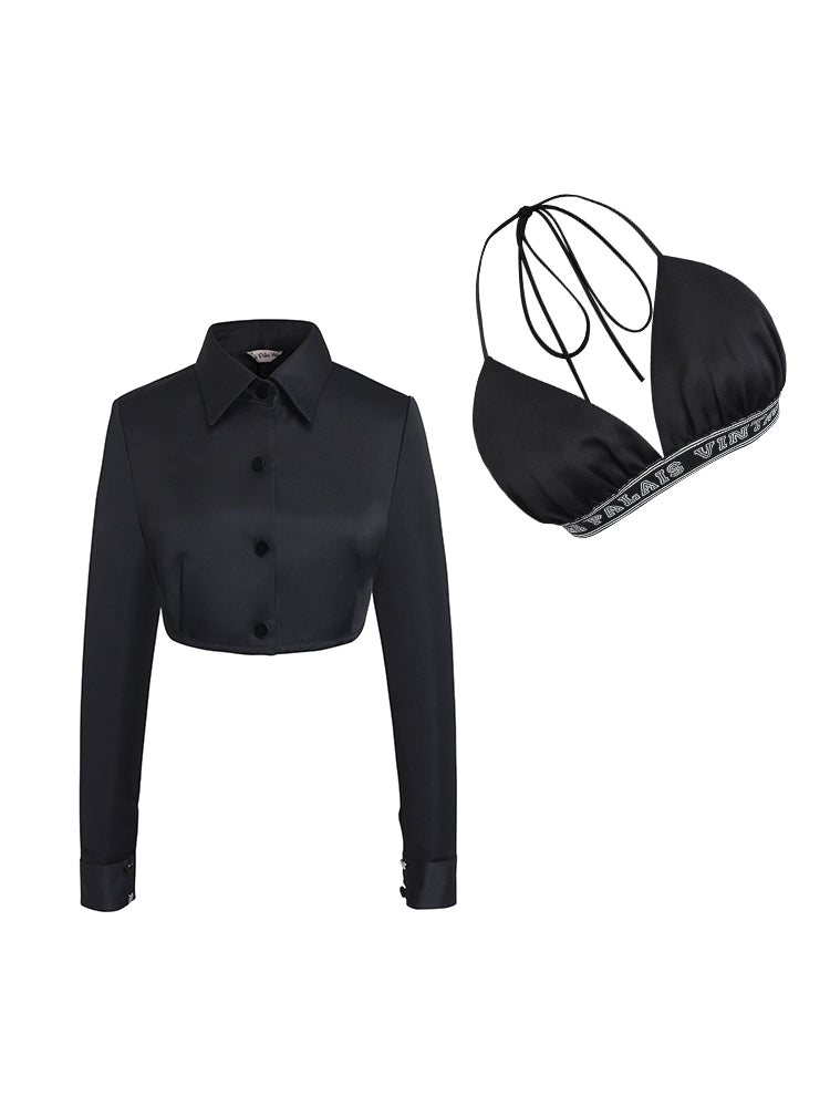 Le Palais Vintage Original Abstinence Babes Black Thick Satin Slim Fit Short Shirt Thin Cup Corset-DIDI