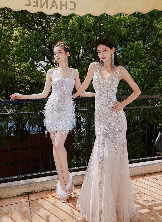 DOLLY Luxury Sliver V-Neck Sleeveless Beaded Sequin Feather Short Dress-JULIA