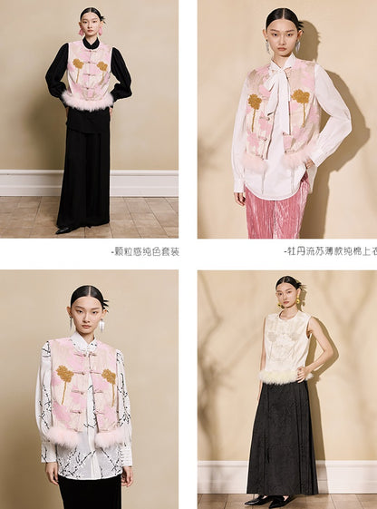 HECO 100% polyester Buckle Bead Embroidered pink apricot Round Neck Vest - spark.