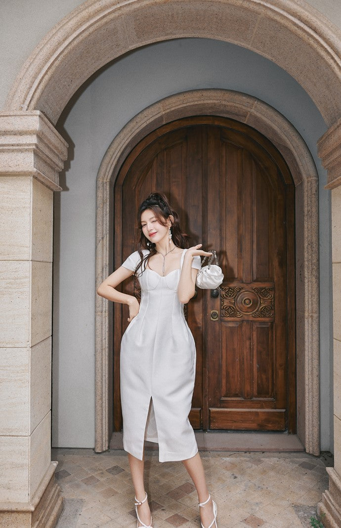 DOLLY Luxury French Style Square Collar Short Puff Sleeves Flower Bud Midi Dress-SARAH