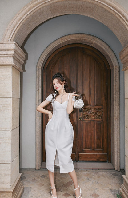 DOLLY Luxury French Style Square Collar Short Puff Sleeves Flower Bud Midi Dress-SARAH