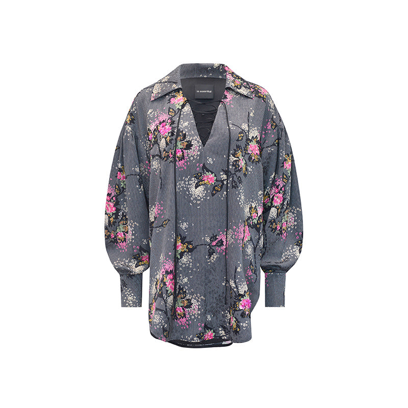 M essential Mackay designer cherry blossom print beads scissor neck loose top - NOCTAINE.