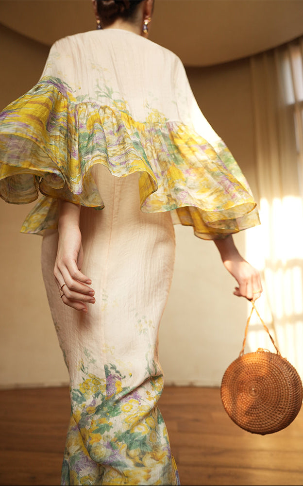 LE VENT&TES AILES Artistic 100% Silk  floral Printed Dress - NINA