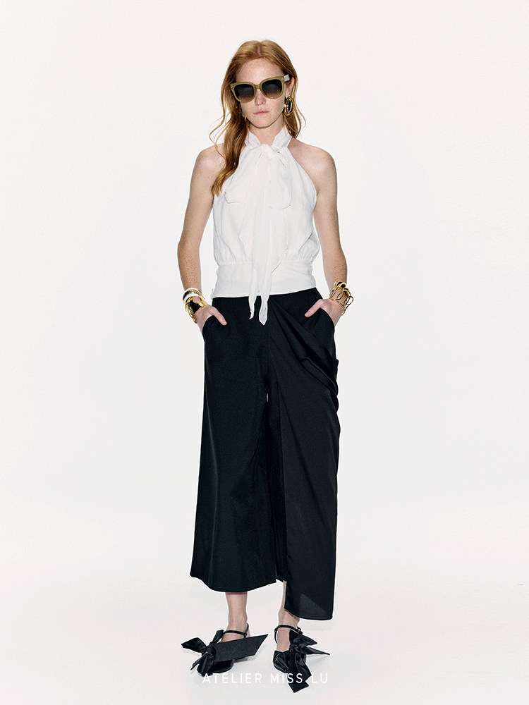 ATELIER MISS LU Long Streamer Design Mulberry Silk Shaved Shoulder Top - YAWEH
