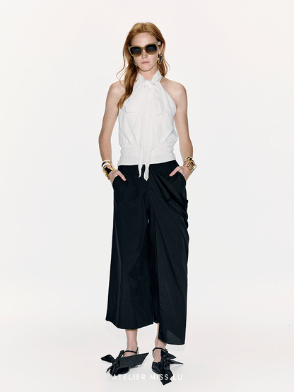 ATELIER MISS LU Long Streamer Design Mulberry Silk Shaved Shoulder Top - YAWEH