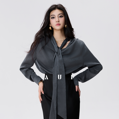 AUI commuter gray shoulder pad chiffon foreign temperament high-end chic top - Seo-yoon
