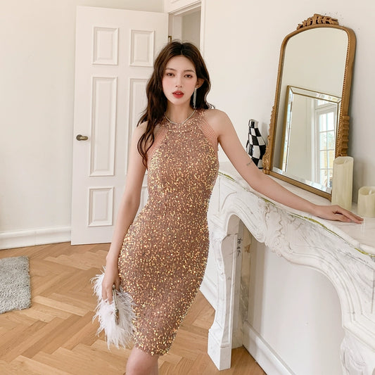 DOLLY Luxury Gold Sleeveless Stand Collar Sequin Beaded Tassel Evening Dress-LILY