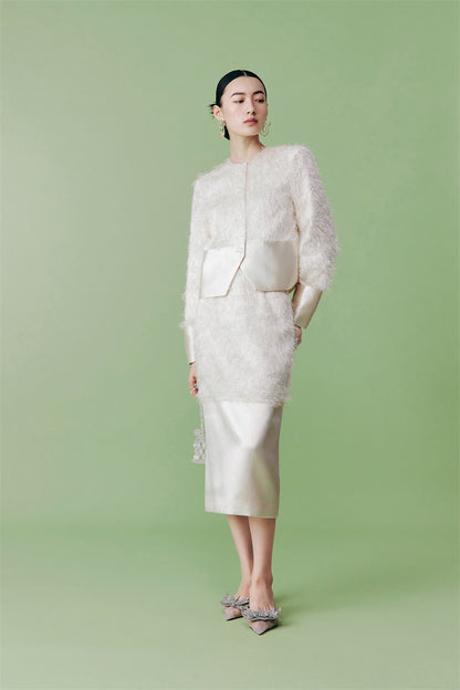 PURITY French elegant style unique high-luxury fringe, cream white half coat skirt set- Charlize
