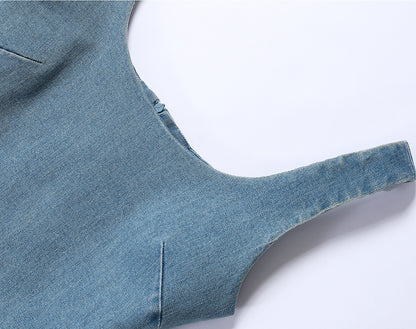 WANGXO |Long-Staple Cotton Neckline and Waist-Cinched Cropped Denim Dress -LANA