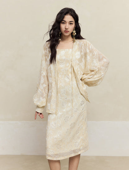 HECO Chiffon Bat Sleeve Dress Two-Piece Set for Women - clay.