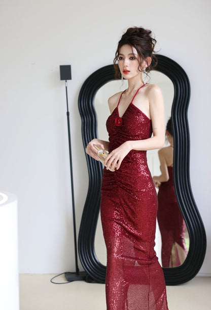 DOLLY Elegant Burgundy Red Halter Neck Slim Fit Sequin Long Cocktail Dress-KIKI (V)