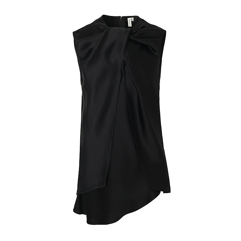 ZHUCHONGYUN crew neck black satin irregular sleeveless top-ASH.