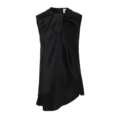 ZHUCHONGYUN crew neck black satin irregular sleeveless top-ASH.